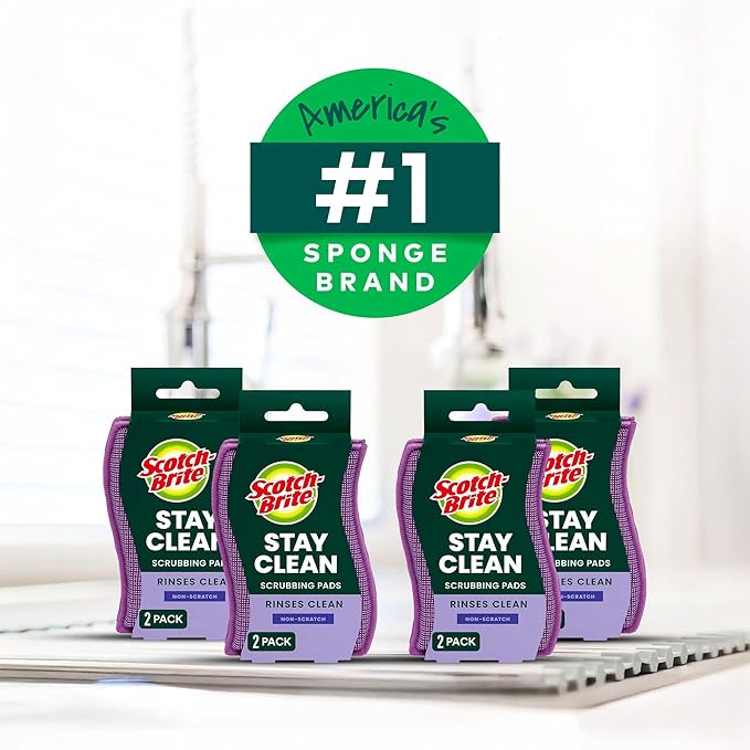 Scotch-Brite Clean & Rinse Non-Scratch Scrub Sponges – Dual-Sided Scrubber with Cloth Side for Wiping, Rinses Clean – 8 Sponges (4 Packs of 2) for Dishes, Countertops, Appliances & More