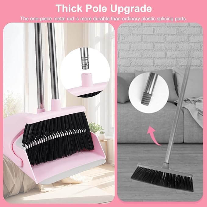 Pink Broom and Dustpan Set, 52-in Handle Broom Dustpan Combo Set Household Hand Broom with Dustpan Teeth to Clean Hair for Home Kitchen Office Lobby Sweeping Indoor(Pink)