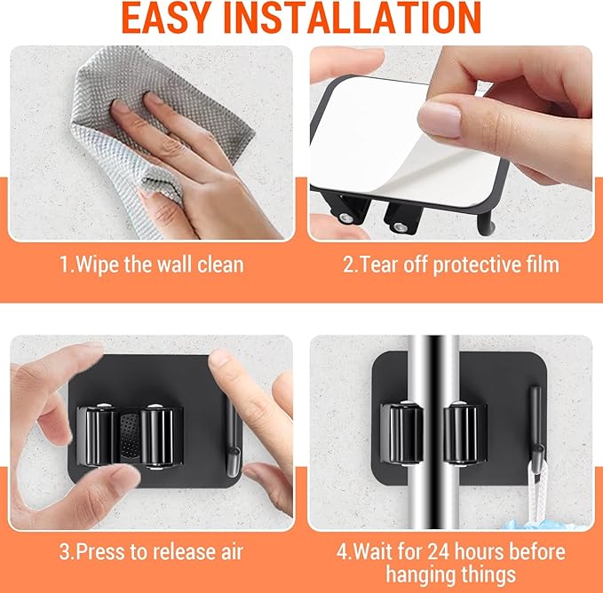 Batur 4 Pack Broom Holder Wall Mount, Super Anti-Slip Mop and Broom Holder Wall Mount, Self Adhesive Broom Organizer Hanger Gripper for Bathroom, Kitchen, Laundry Room Storage, Black