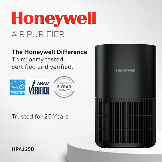 Honeywell Allergen Plus Compact HEPA Small Room Air Purifiers for Home, Up to 530 Ft² Coverage, 3-in-1 Filter, Pet Dander, Smoke & Odor Reducer Air Quality Sensor with Auto Mode, Black, HPA125B