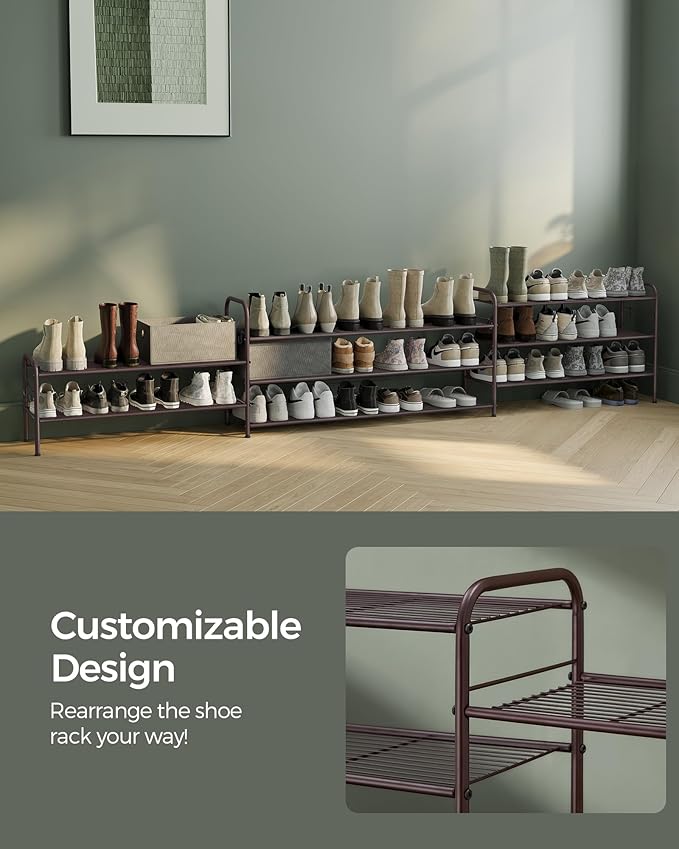 SONGMICS Shoe Rack, 3-Tier Shoe Organizer, Metal Shoe Shelf Storage with 4 Side Hooks, Holds 15 Pairs of Shoes, Height-Adjustable Shoe Rack for Entryway, Hallway, Closet, Easy Assembly, Chestnut Brown