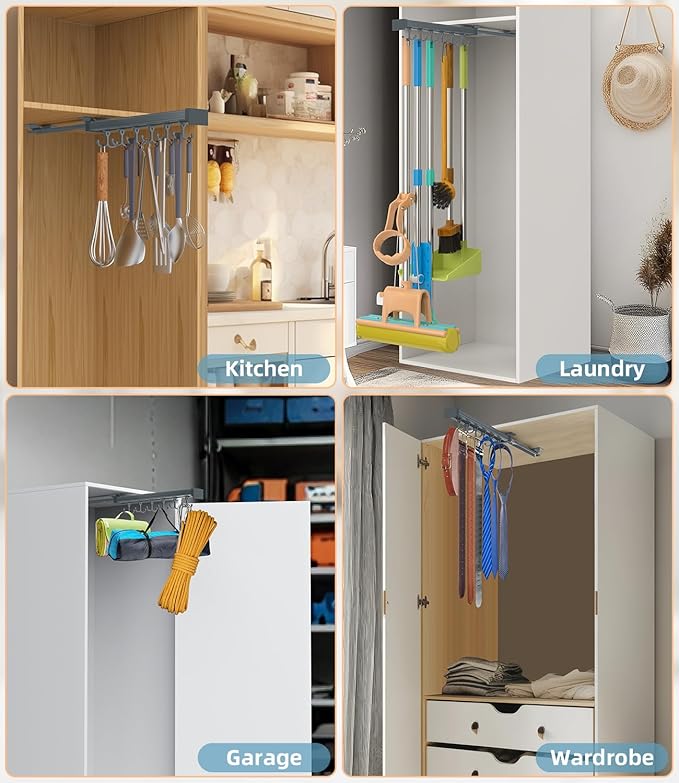 Pull Out Broom Holder, Multifunctional Slide Broom And Mop Storage/Organizer With Adjustable Double Row Sliding Hook, Garage Organization Hooks, for Closet Laundry - grey - 36cm/14.17inch