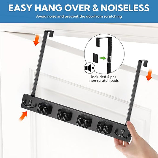2 Pack Broom Holder Door Mount Black Broom Closet with 2 Over Door Hooks Over the Door Broom and Mop Holder Broom and Mop Organizer Wall Hanging with 4 Racks and 4 Hooks for Laundry Garage Closet Home