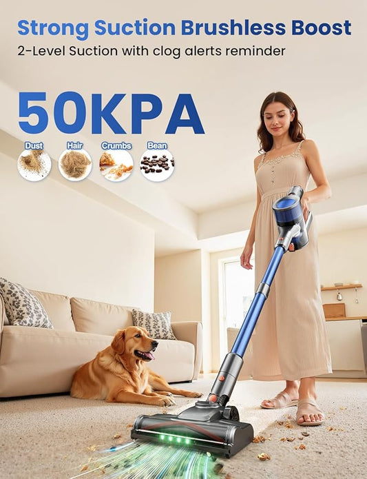 Dzaki Cordless Vacuum Cleaner, Stick Vacuum with Smart LED Display, 50KPA 55Mins Vacuum Cleaners for Home, Powerful Suction, Anti-Tangled Lightweight Rechargeable Vac for Pet Hair, Carpet