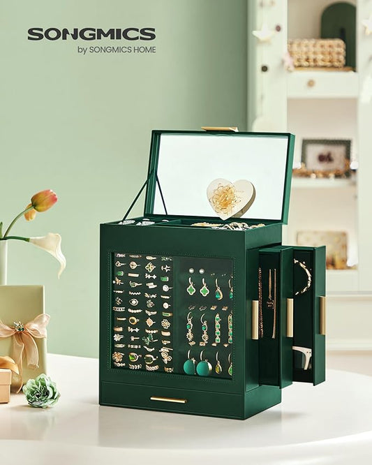 SONGMICS Jewelry Box with Glass Window, 5-Layer Jewelry Organizer with 3 Side Drawers, Jewelry Storage, with Big Mirror, Modern, 6.1 x 10.3 x 12.6 Inches, Forest Green and Metallic Gold UJBC162C01