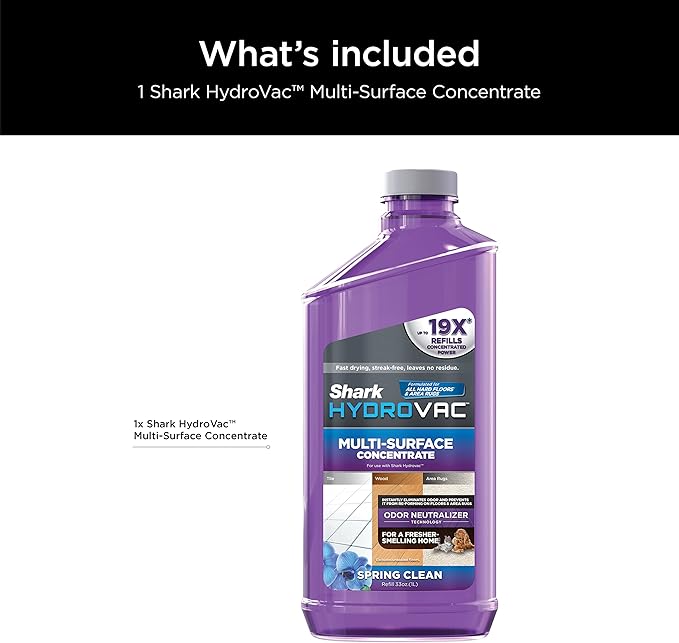 Shark HydroVac Multi-Surface 33-Oz. Concentrate with Odor Neutralizer Technology, Compatible with all HydroVac 3-in-1 Cleaners, for Sealed Hard Floors & Area Rugs, Spring Clean Scent, Purple, WDCM30