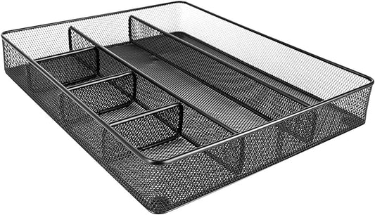 Amazon Basics Metal Mesh Desk Organizer with 6 Compartments, Anti-Slip Pen Holder Storage Tray for Office Supplies and Home, Black