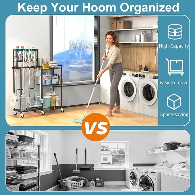 Broom Holder with Cleaning Supplies Organizer, Cleaning Cart with Broom Hanger, Broom and Mop Holder with Wheels,11 Mop Hanger Grippers & 6 Hooks, Broom Organizer for Laundry, Garage, Tool Room