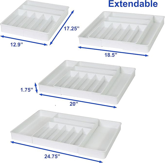 Simple Houseware Expandable & Adjustable Cutlery Drawer Organizer - Large Utensil and Flatware Tray for Kitchen Drawers, White