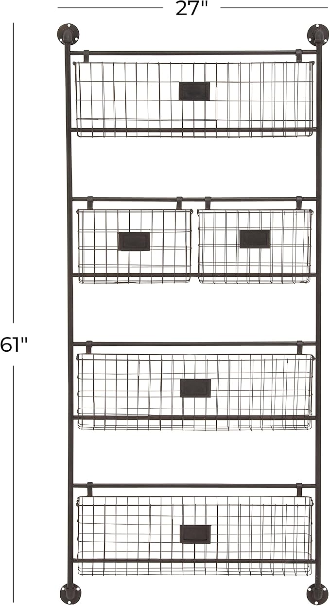Deco 79 Metal Tall Wire 5 Slot Magazine Rack Holder with Suspended Baskets and Label Slots, 27" x 5" x 61", Black
