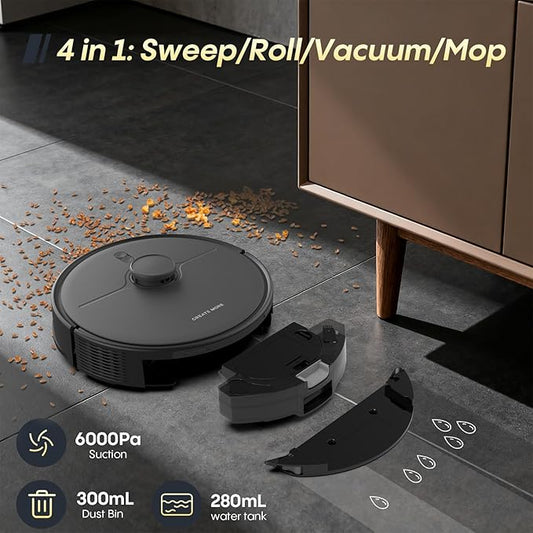 Robot Vacuum and Mop, Self Emptying, 6000Pa Suction, Advanced Smart Mapping, Easy Custom 4 in 1 Robotic Vacuum for Pet Hair, Dust, Carpet, WiFi/Alexa