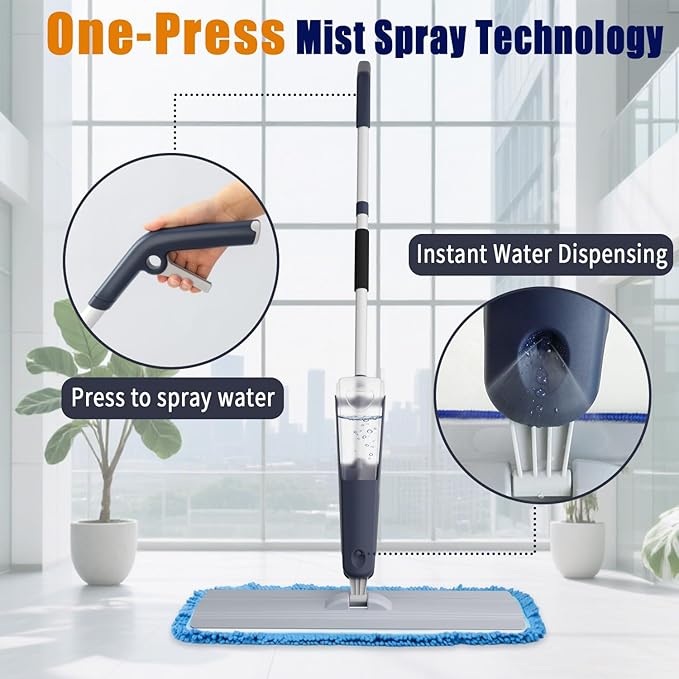 24" Dry mops for Floor Cleaning, 2-Pack Microfiber mop Spray System, Commercial Heavy-Duty Wet mops with 28oz Big Tank, 2 Washable Pads for Lobby, Pool, Factory, Office, Warehouse, Concert, Library