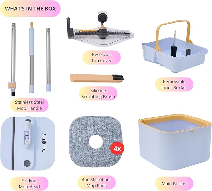 Mop and Bucket System PRO with Removable Water Tank Duo Bucket & Spin Mop System, Self Wringing, Separates Clean from Dirty Water, Folding Mop Head, Dual Brush System, 4-pc Machine Washable Mop Pads