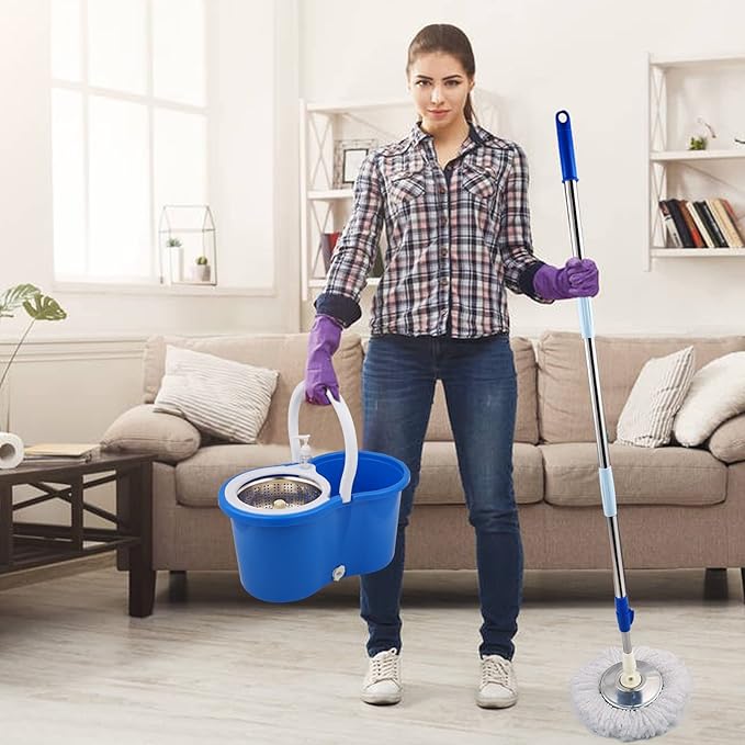 Mop and Bucket Set, 360° Spin Mop and Bucket with Wringer Set and 3 Microfiber Mop Refills, Stainless Steel 61'' Extended Handle Spinning Mop Bucket System for Floor Cleaning