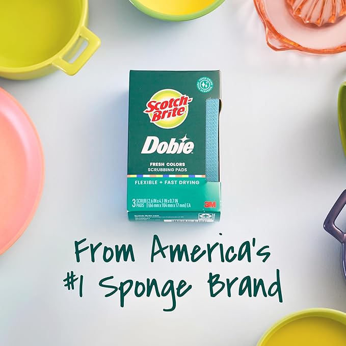 Scotch-Brite Dobie Non-Scratch All-Purpose Scrub Pads, Original Cleaning Sponges for Kitchen & Bathroom, Safe on Non-Stick Cookware, Reusable (12 Pads, 4 Packs of 3, Assorted Colors)