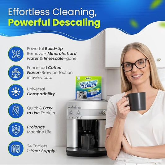 Coffee Maker Cleaner and descaler Tablets – 24 Pack, Compatible with Nespresso, Keurig, Breville, Ninja, Delonghi & more, Coffee pot cleaner tabs, Coffee Machine Descaling solution for upto 1 year