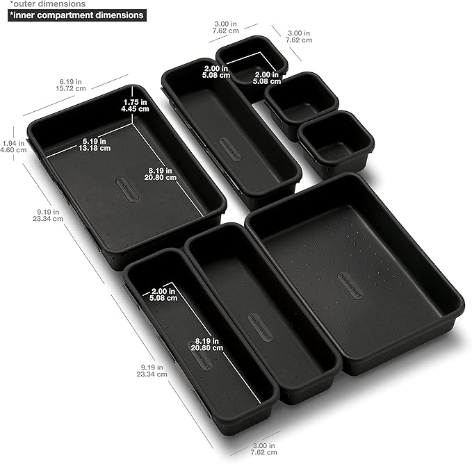 madesmart 8-Piece Interlocking Bin Pack, Customizable Drawer Organizer Set for Office Supplies, Tools, Craft Items, Durable & Easy-Clean Design, Carbon