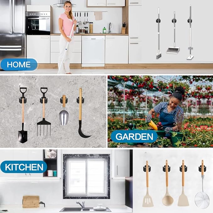 12PCS Broom and Mop Holder, Heavy Duty Garden Tool Organizer Rack Rake and Shovel Handle, Stainless Steel Mop Hanger. Wall Mounted Utility Rack with Screws, Silver