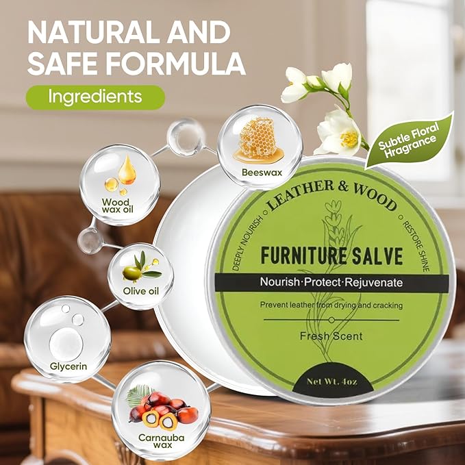 Furniture Salve for Leather & Wood - Polish, Restore & Protect, Vinyl & Wood Surfaces | Leather Conditioner & Repair Salve with Applicator Brush | All-in-One Furniture Polish & Moisturizer 4oz