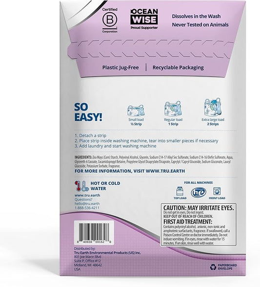Tru Earth Platinum - Heavy Duty Laundry Detergent Sheets - Up to 128 Loads (64 Count), Lilac Breeze Scent - Ultra-Concentrated Strips Formula - Eco-Friendly Travel Laundry Sheets