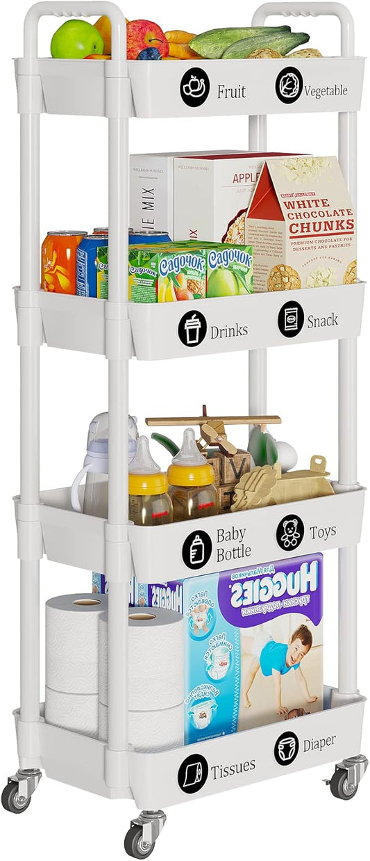 Laiensia 4-Tier Storage Carts,Multifunction Utility Rolling Cart Kitchen Storage Organizer,Mobile Shelving Unit Cart with Lockable Wheels for Bathroom,Laundry,Living Room,With Classified Sticker,White
