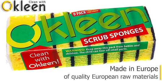 Yellow Multi Use Scrub Sponge. Made in Europe. 9 Pack, 4.3x2.8x1.4 inches. Odorless Heavy Duty and Non Scratch Fiber. Durable and Delicate Scrubber for Hard Dirty Surfaces in Daily Cleaning