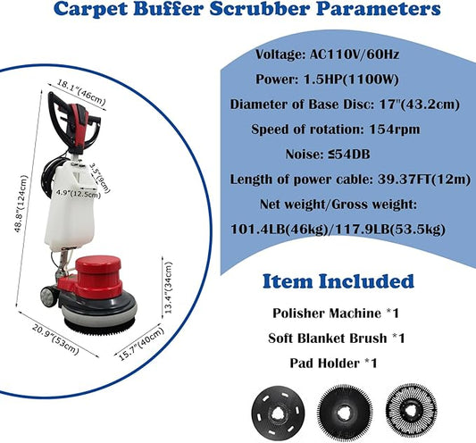 Floor Polisher Commercial Floor Scrubber Buffer Carpet Buffer Scrubber 17" Heavy Duty Polisher Machine 154RPM Multifunctional Carpet Cleaner with 3Gal Water Tank 110V
