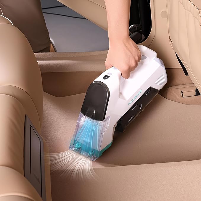 HAUSHOF Handheld Carpet Cleaner, 12V Cordless Portable Carpet Cleaner, 6.5KPa Spot Cleaner with 2 Water Tanks, Type-C Charge, Spot & Stain Cleaner, Handheld Upholstery Cleaner for Stairs, Car