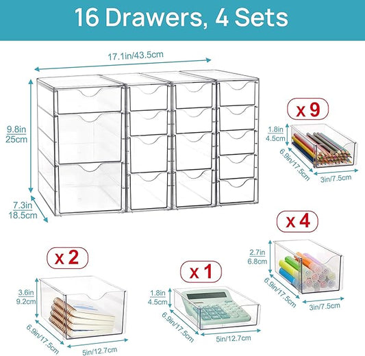 Vtopmart Acrylic Organizer with 16 Drawers (4 Set),Clear Storage Drawers for Office Supplies,Desk Organization and Storage for Makeup,Jewelry,Art Crafts