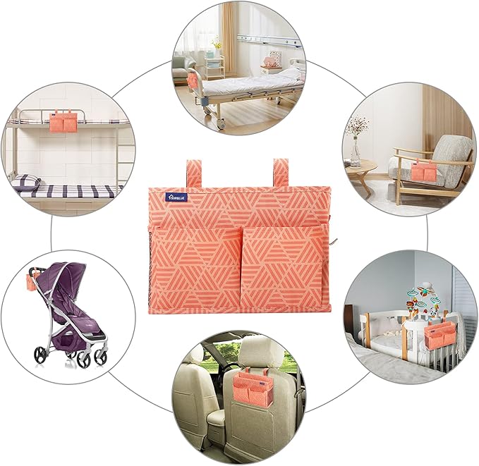 Surblue Bedside Caddy Hanging Bed Organizer Storage Bag Pocket for Bunk and Hospital Beds, College Dorm Rooms Baby Bed Rails,Camp Chiars,Wheelchair Side Bag,4 Pockets and 2 Hooks (Orange Plaid)