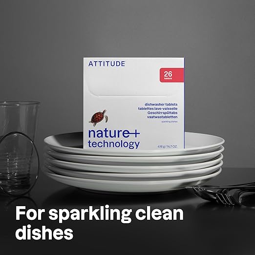 ATTITUDE Dishwasher Pods, Plant-Based & Vegan, Phosphate-Free Detergent Tablets, Naturally Derived, Unscented, 26 Count