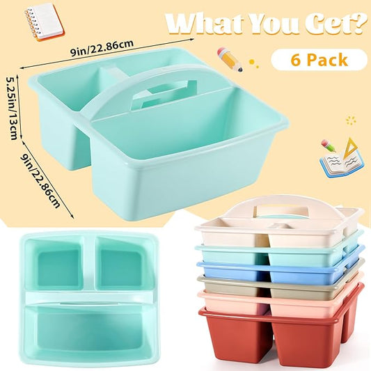 6 Pack Classroom Caddy with Handle Plastic Storage Caddy Organizer with 3 Compartments Desk Caddies Holder Portable Storage Bin for Pencil, Crayon, Marker, Home, Office, School Supply(Morandi Colors)