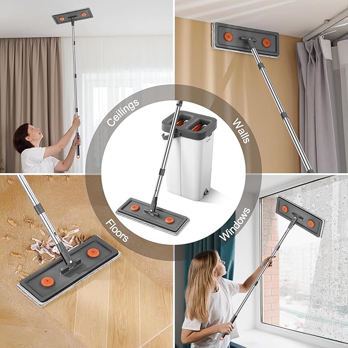 Mop and Bucket with Wringer Set for Home, Flat Mop Bucket Set with 3 Washable Microfiber Pads, Wet and Dry Mop with Long Handle,Wall Cleaner for All Floor Types and Windows