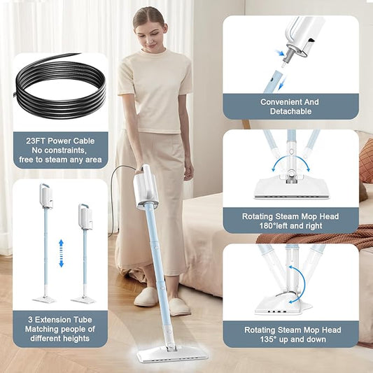 Steam Cleaner, 6 in1 Rotated Steam Mop Cleaner with 2 Modes, 2 Microfiber Pads, 400ML Removable Tank, 23FT Power Cable, Detachable Steam Mops for Floor, Laminate Floor, Tiles Cleaning (Azure)