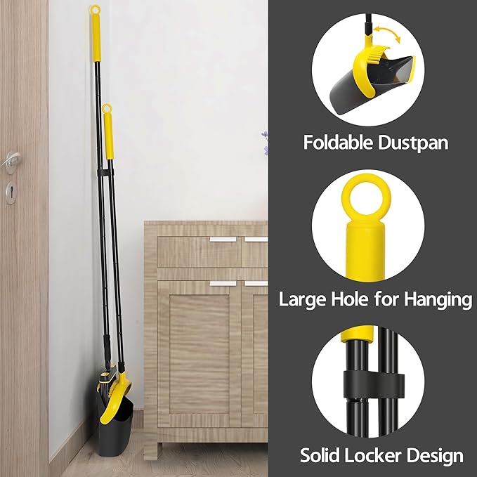 JEHONN Broom and Dust Pan, 54.3 inches Long Handle Swivel Brush, Upright Foldable Dustpan with Comb Teeth for Home Kitchen Lobby Indoor Floor Cleaning (Black & Yellow)