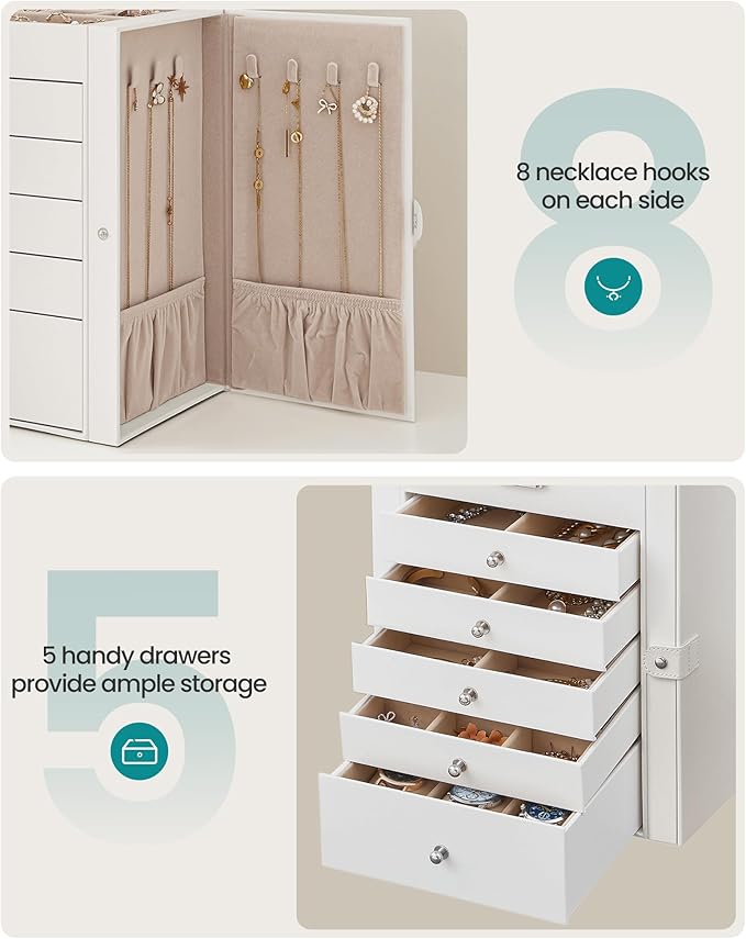 SONGMICS 6-Layer Jewelry Box Organizer with 5 Drawers, Jewelry Storage Case with Lock and Mirror, Large Storage Capacity, Gift for Loved Ones, for Necklaces, Watches, White UJBC152W01