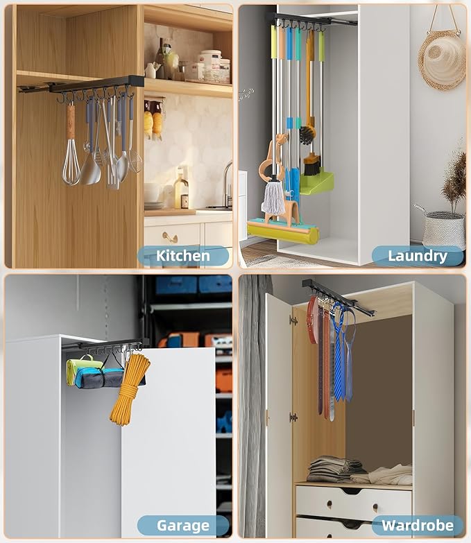 Pull Out Broom Holder With Adjustable Double Row Sliding Hook, Multifunctional Slide Broom And Mop Storage/Organizer Garage Organization Hooks, for Closet Laundry - 41cm/16.14inch