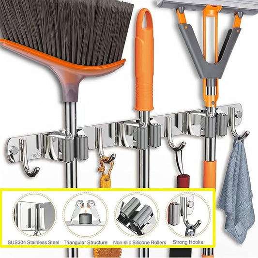 Mop and Broom Holder Wall Mount, 3 Racks with 4 Hooks, Stainless Steel Broom Organizer, Self Adhesive or Screw Mounted, Heavy Duty Storage for Home Kitchen Laundry Garage (silver)