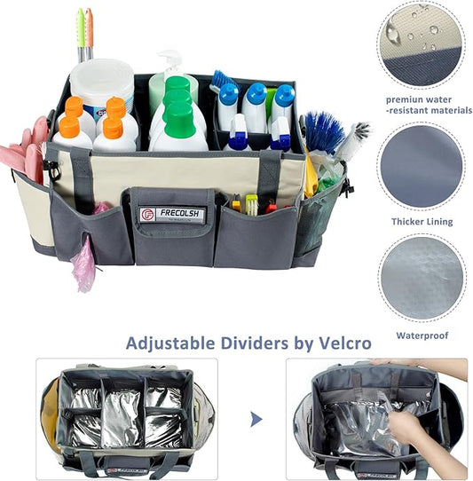 Large Cleaning Caddy for Suppliers Organizer,15'' Professional Organizer with Handle,Wearable Cleaing Bag,Cleaning Storage Caddy,Cleaning Housekeeping,Ivory-Grey