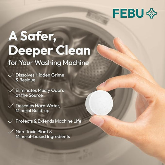 FEBU Washing Machine Cleaner Tablets Made in USA | Washer Machine Cleaner & Deodorizer | Removes Gunk & Grime | 7 Natural, Biodegradable, Plant-Based Ingredients | 24 Tablets - 12 Month Supply