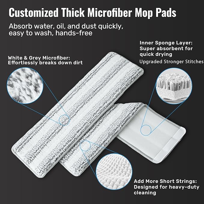 Mop and Bucket Set, 3-Tank Flat Mop and Bucket System for Separate Dirty & Clean Water, 65" Mops for Floor Cleaning with 4 Washable Pads, Safe for Hardwood, Vinyl, Tile, Baseboards, Walls