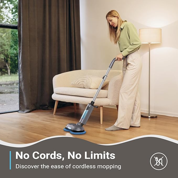 iDOO Cordless Electric Mop with Water Spray & LED Headlight, 350ml Water Tank, Electric Spin Mop, Polisher for Hardwood, Tile Floors, Quiet Self Propelled, Powerful Floor Cleaner with 4 Scrub Pads