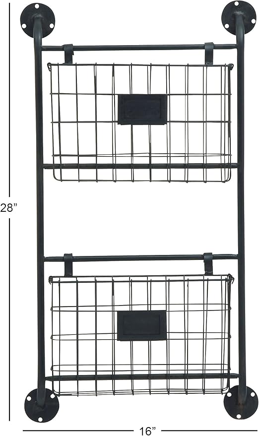 Deco 79 Metal Rectangle Magazine Rack Holder with Suspended Baskets and Label Slot, 16" x 3" x 28", Black