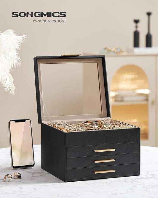 SONGMICS GISELLA Collection - Jewelry Box Organizer, 4-Layer Jewelry Storage with 3 Drawers, Shiny Metal Hardware, Glass Lid, Modern, 8 x 9.1 x 6.5 Inches, Ink Black and Gold Color UJBC173B01