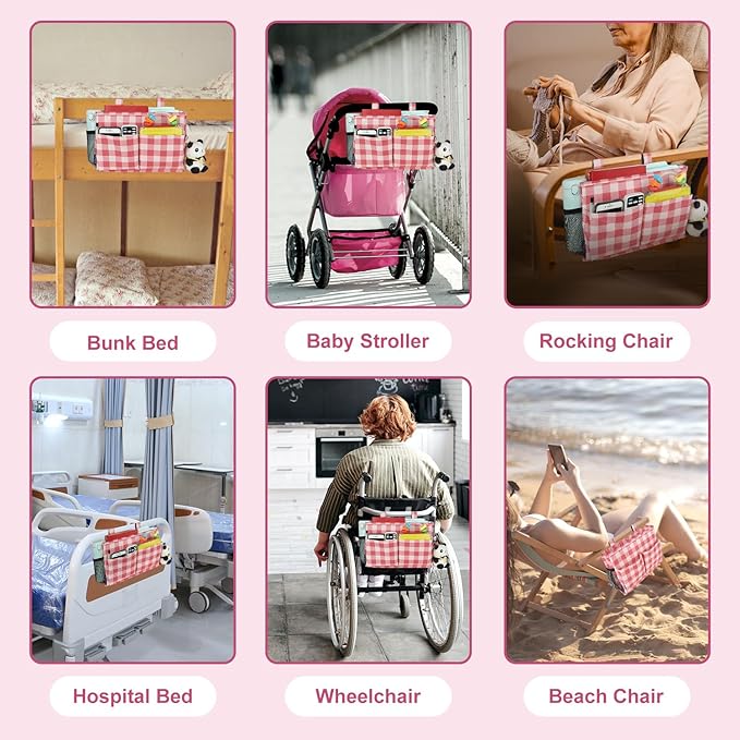 Surblue Bedside Caddy Hanging Bed Organizer Storage Bag Pocket for Bunk and Hospital Beds, College Dorm Rooms Baby Bed Rails, Camp 4 Pockets and 2 Hooks (Small,Red Plaid)