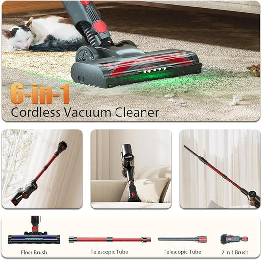 Cordless Vacuum Cleaner for Home, 6-in-1 Lightweight 45KPa Powerful Suction of 45-Min Runtime, Upgrated Green Light Dust Detection for Hard Floors/Carpets/Pet Hair