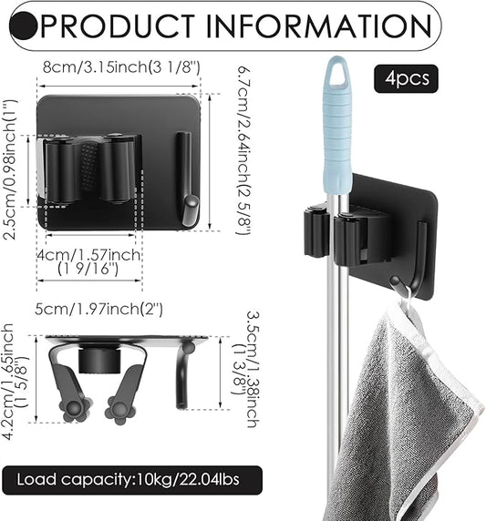 4 Pack Mop Broom Holder Wall Mounted, Stainless Steel Mop Broom Organizer with Hooks Hanger, No Drilling Self Adhesive Mop Handle Hanger for Kitchen Garage Office