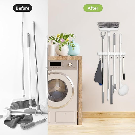 OTraki Broom Holder Wall Mount, Heavy Duty Wood Mop and Broom Organizer with 5 Slots and 4 Hooks, Garden Tool Hanger for Laundry Room Closet Kitchen Garage Storage and Organization
