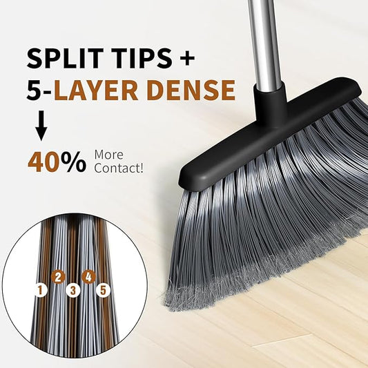 Broom, Outdoor Brooms for Sweeping Indoor, Adjustable 55" Pet Hair Removal Heavy Duty Broom for Floors Home Kitchen Garage Commercial Patio Industrial Snow (Black)