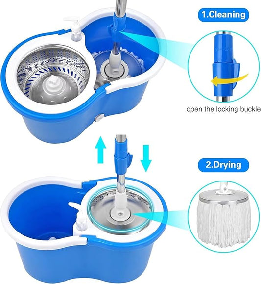 Spin Mop and Bucket with Wringer Set, 360° Spin Mop & Bucket Floor Cleaning System Mop Bucket with 61" Adjustable Extended Handle 3 Replacement Microfiber Refills, Set of 2